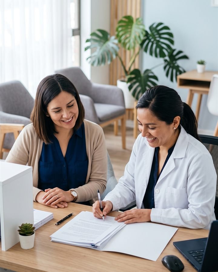 Una asesora y la dueña de una clínica dental revisan juntas unos documentos sobre el mesón, sonriendo.