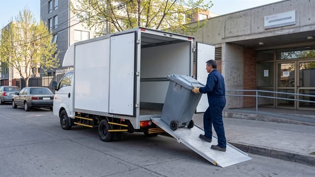 Un camión de retiro de residuos estacionado frente a un centro de salud, con las señales de peligro en un costado.